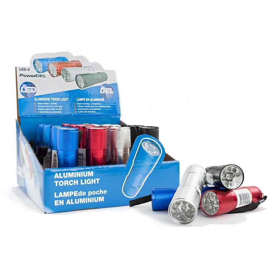 LAMPE DE POCHE 9 DEL ALUMINIUM BOITE DE 16 (PILES INCLUSES)